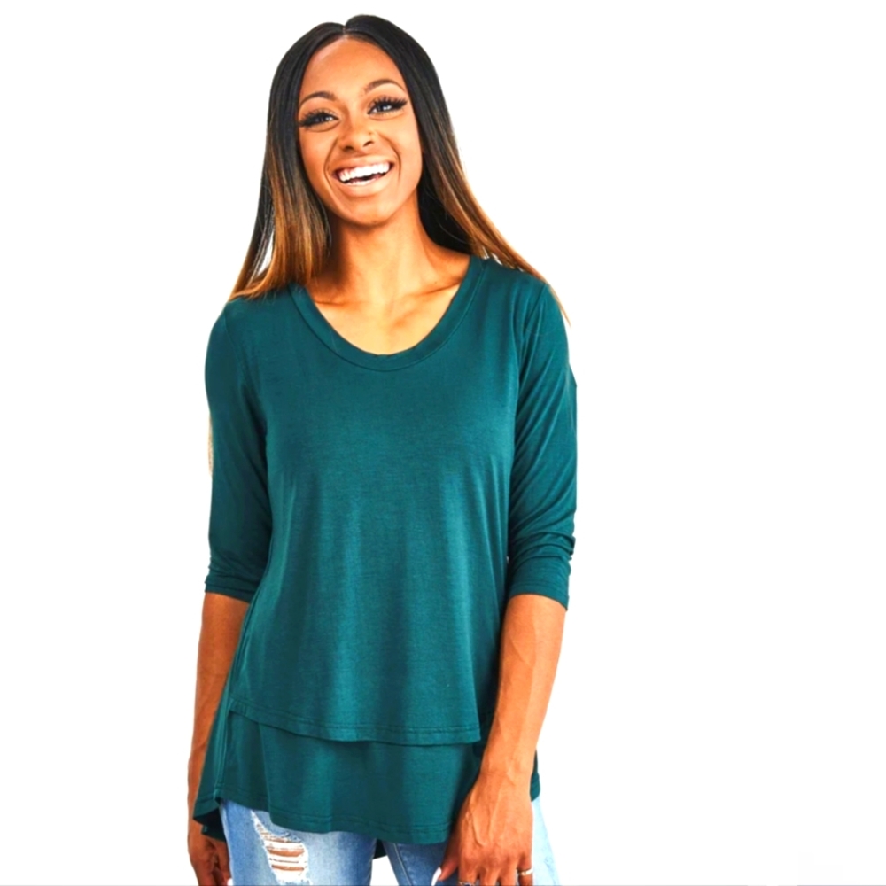 Latched Mama 3/4 Sleeve Scoop Neck Nursing Top in dark green, size M